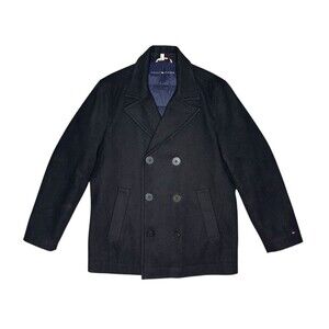 Tommy Hilfiger Peacoat Jacket Mens MED Black Double Breasted Wool Contrast Liner